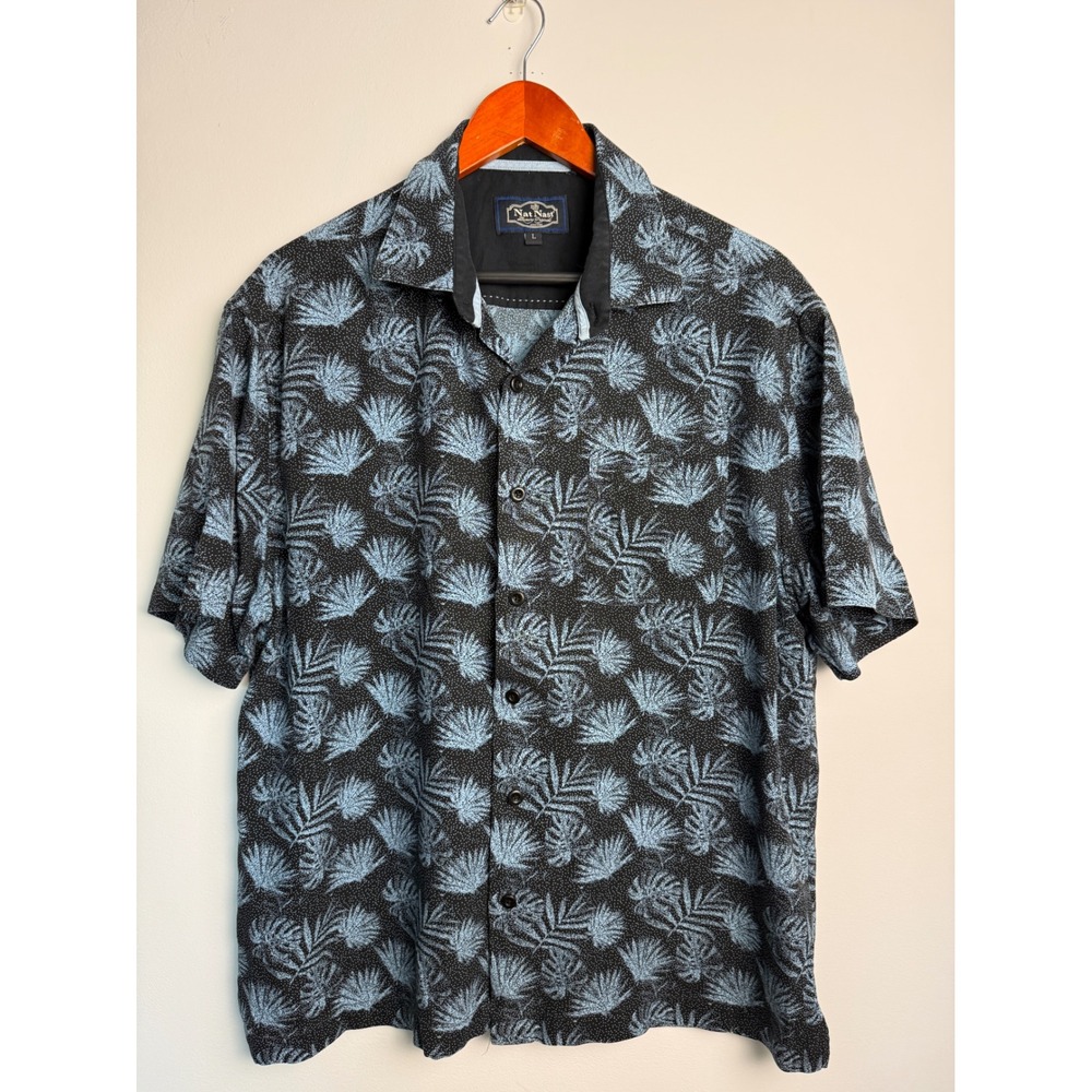 NAT NAST Luxury Originals Button Down Shirt Mens Black Blue Tropical Palm Large